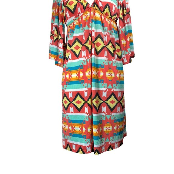 Boho Chic V-Neck Tribal Print Mini Dress With 3/4 Sleeves & Empire Waist - Picture 5 of 12